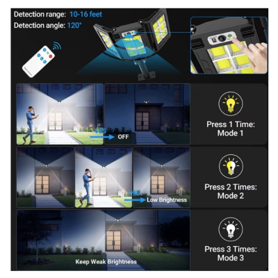 Lampa solara 30w  tripla de perete cu senzor de lumina si miscare cu telecomanda IP65