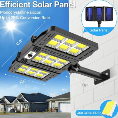 Lampa solara 30w  tripla de perete cu senzor de lumina si miscare cu telecomanda IP65