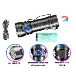 Lanterna compacta de aluminiu BL F82 cu 8 LED XPG magnet si clips incarcare USB acumulator 26650 Lumina Rosie SOS