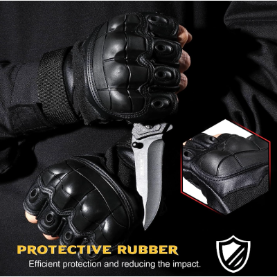 Manusi tactice militare fara degete masura L din vinil cu protectie cauciuc Negru