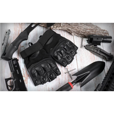 Manusi tactice militare fara degete masura L din vinil cu protectie cauciuc Negru