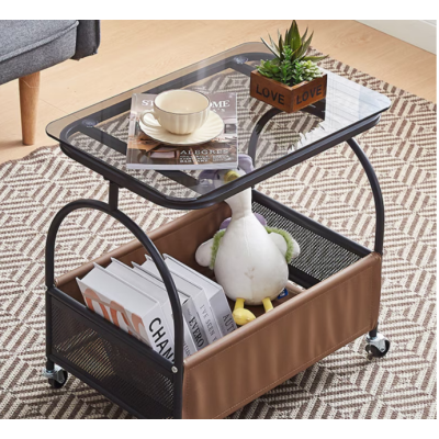 Masuta portabila cu compartiment depozitare blatul din sticla cadru metalic NEAGRA