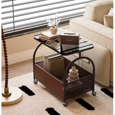 Masuta portabila cu compartiment depozitare blatul din sticla cadru metalic NEAGRA