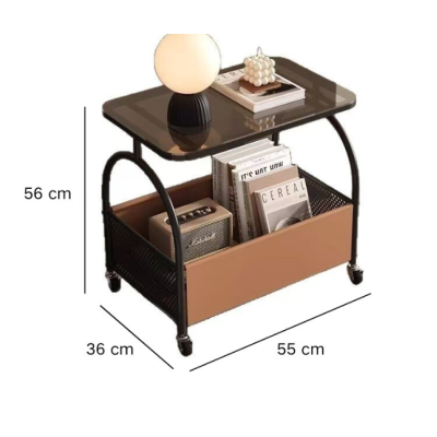 Masuta portabila cu compartiment depozitare blatul din sticla cadru metalic NEAGRA