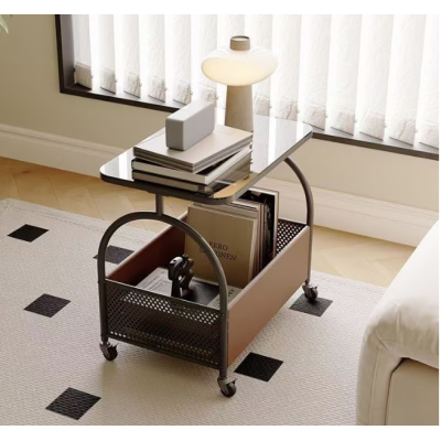 Masuta portabila cu compartiment depozitare blatul din sticla cadru metalic NEAGRA