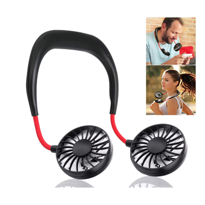 Mini ventilator portabil dublu pentru gat cu acumulator si 3 trepte de viteza ROSU/NEGRU OFF