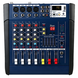 Mixer audio profesional cu amplificare putere 2x250 W 4 canale 16 efecte egalizator 5 benzi