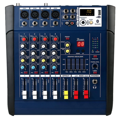 Mixer audio profesional cu amplificare putere 2x250 W 4 canale 16 efecte egalizator 5 benzi