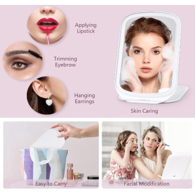 Oglinda LED Portabila pentru Machiaj si Suport Pliabil ROZ