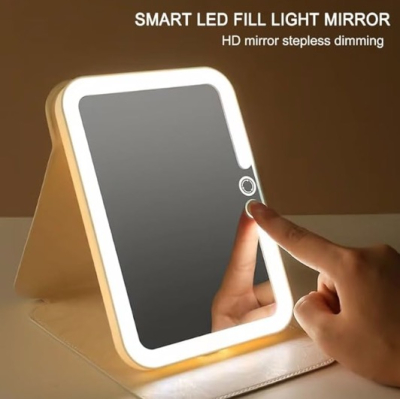 Oglinda Mare Roz Portabila Patrata cu LED pentru Machiaj si Suport Pliabil