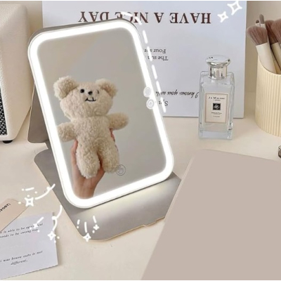 Oglinda Mica Alba Portabila Patrata cu LED pentru Machiaj si Suport Pliabil