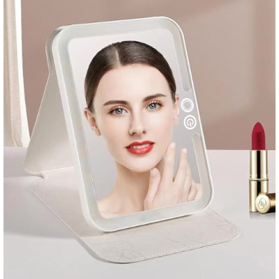 Oglinda Mica Alba Portabila Patrata cu LED pentru Machiaj si Suport Pliabil