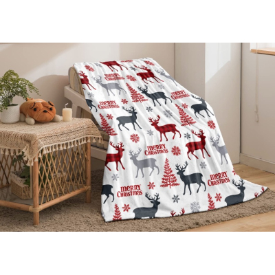 Patura Christmas 150x200cm design fulgi de zapada si brad si reni colorata