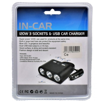 Priza auto 3 cai si USB 120W Olesson 1653