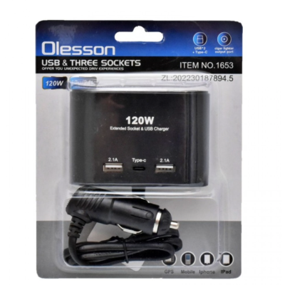Priza auto 3 cai si USB 120W Olesson 1653