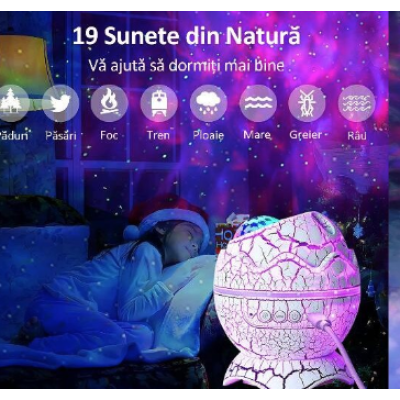 Proiector Stele Ou de Dinozaur 4 IN 1 lampa veghe copii speaker bluetooth LED 19 sunete albe rotatie 360