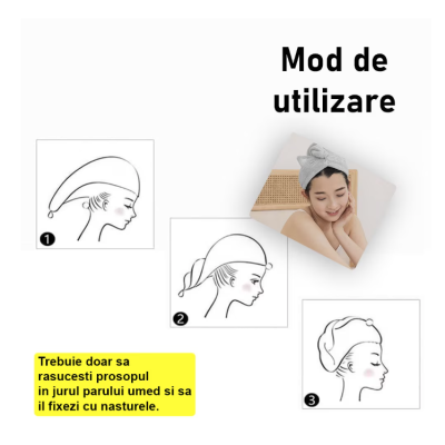 Prosop de baie pentru copii tip Turban din microfriba pentru uscarea parului model pisicuta