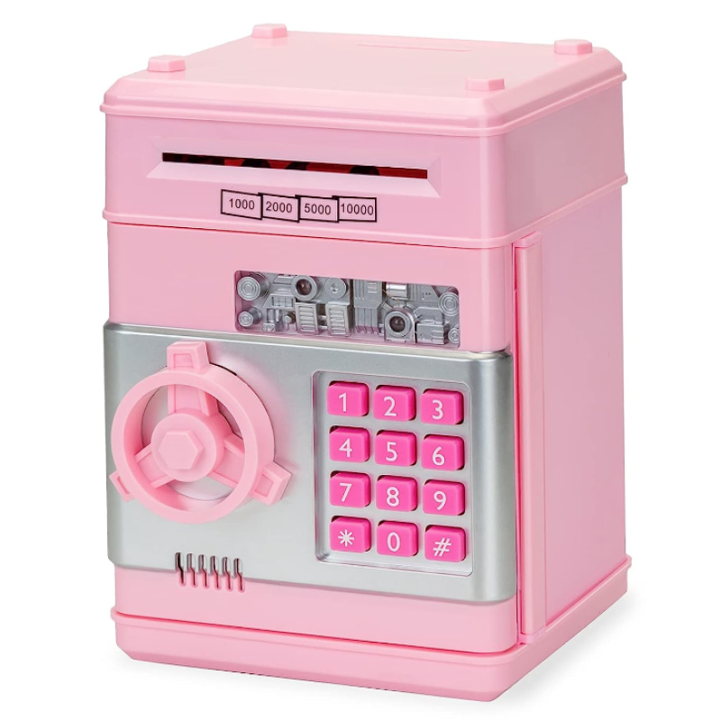 Pusculita interactiva ATM tip Seif pentru copii cu dimensiunea de 19x13x13 cm ROZ