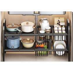 Raft metalic pentru depozitare sub chiuveta extensibil 55 85 cm 4 cosuri