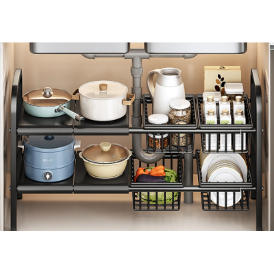 Raft metalic pentru depozitare sub chiuveta extensibil 55 85 cm 4 cosuri