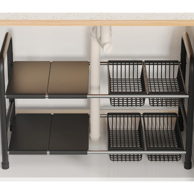 Raft metalic pentru depozitare sub chiuveta extensibil 55 85 cm 4 cosuri