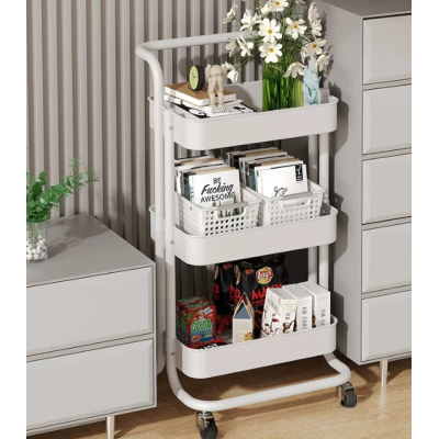 Raft portabil cu 3 nivele de depozitare maner pentru transportare din metal 45x37x82cm ALB