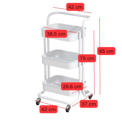 Raft portabil cu 3 nivele de depozitare maner pentru transportare din metal 45x37x82cm ALB