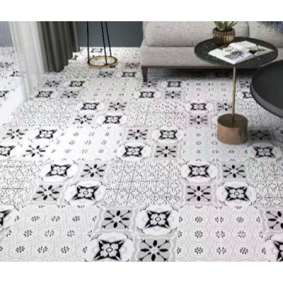 Set 12 placi autocolante din vinil 30 x 30 cm rezistente la apa model FLORAL ALB NEGRU DP0202