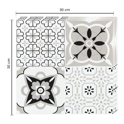 Set 12 placi autocolante din vinil 30 x 30 cm rezistente la apa model FLORAL ALB NEGRU DP0202