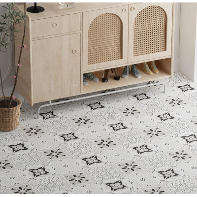 Set 12 placi autocolante din vinil 30 x 30 cm rezistente la apa model FLORAL ALB NEGRU DP0202