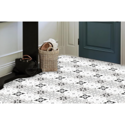 Set 12 placi autocolante din vinil 30 x 30 cm rezistente la apa model FLORAL ALB NEGRU DP0202