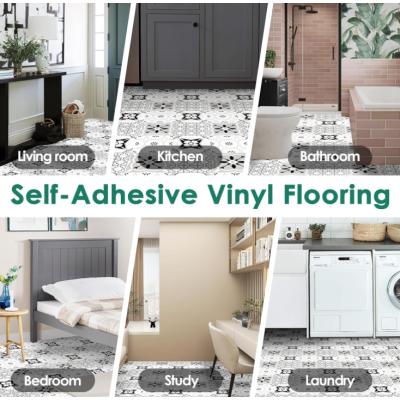 Set 12 placi autocolante din vinil 30 x 30 cm rezistente la apa model FLORAL ALB NEGRU DP0202