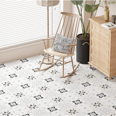 Set 12 placi autocolante din vinil 30 x 30 cm rezistente la apa model FLORAL ALB NEGRU DP0202