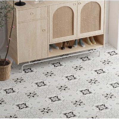 Set 12 placi autocolante din vinil 30 x 30 cm rezistente la apa model FLORAL ALB NEGRU DP0202