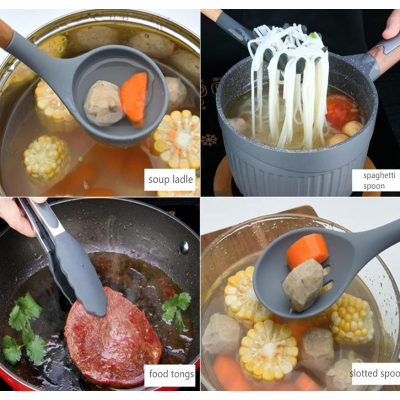 Set 12 ustensile de bucătărie cu mâner de lemn GRI