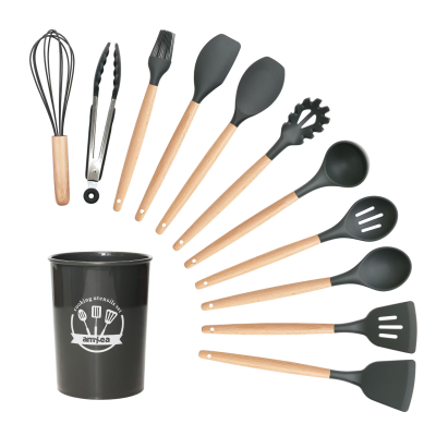 Set 12 ustensile de bucatarie Lemn/Silicon Gri Inchis