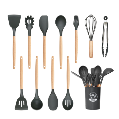 Set 12 ustensile de bucatarie Lemn/Silicon Gri Inchis