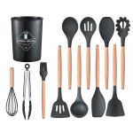 Set 12 ustensile de bucatarie Lemn/Silicon Negru
