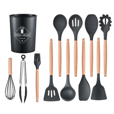Set 12 ustensile de bucatarie Lemn/Silicon Negru
