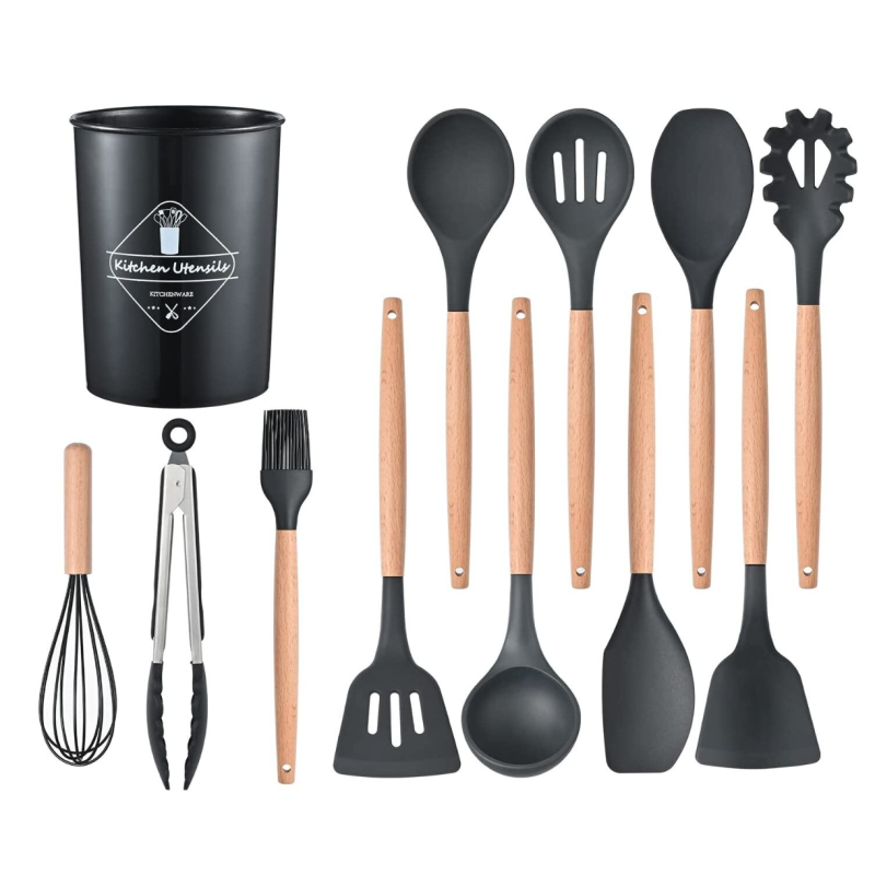 Set 12 ustensile de bucatarie Lemn/Silicon Negru