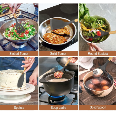 Set 12 ustensile de bucatarie Lemn/Silicon Negru