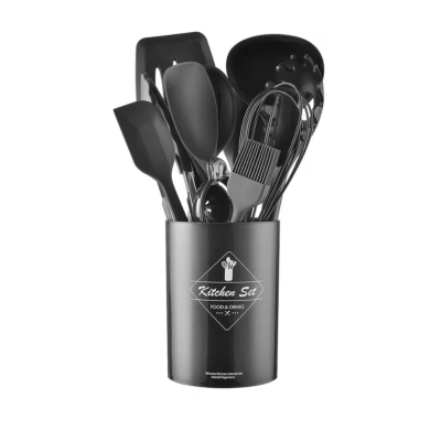 Set 12 ustensile de bucatarie Lemn/Silicon Negru