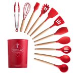 Set 12 ustensile de bucatarie Lemn/Silicon Rosu