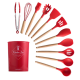 Set 12 ustensile de bucatarie Lemn/Silicon Rosu