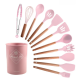 Set 12 ustensile de bucatarie Lemn/Silicon Roz