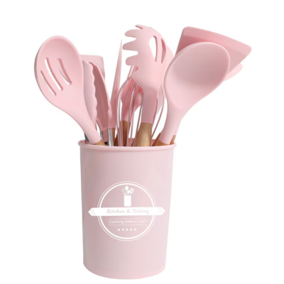 Set 12 ustensile de bucatarie Lemn/Silicon Roz