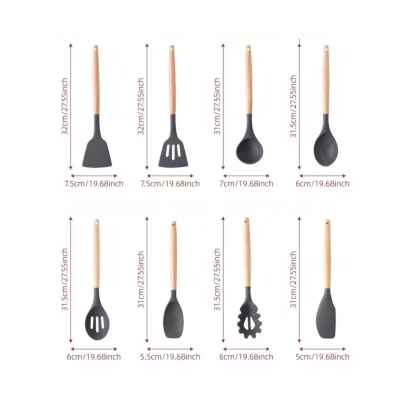 Set 12 ustensile de bucatarie Lemn/Silicon Roz