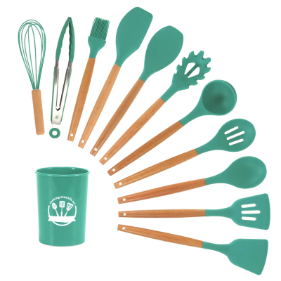 Set 12 ustensile de bucatarie Lemn/Silicon Verde