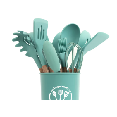 Set 12 ustensile de bucatarie Lemn/Silicon Verde
