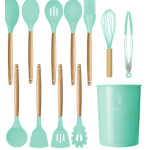Set 12 ustensile de bucatarie Silicon/Lemn Verde